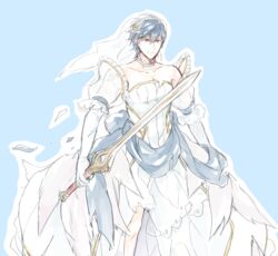  1boy blue_eyes blue_hair bridal_veil bride bride_(fire_emblem) chrom_(fire_emblem) cosplay crossdressing dress falchion_(fire_emblem) fire_emblem fire_emblem_awakening fire_emblem_heroes looking_at_viewer lucina_(fire_emblem) lucina_(fire_emblem)_(cosplay) male_focus protected_link s_upernova solo veil wedding_dress 