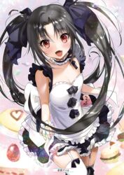  :d alice_or_alice apron black_bow black_hair black_ribbon black_skirt blush bow breasts choker cleavage collarbone cowboy_shot female floating_hair food frilled_apron frilled_skirt frills garter_straps hair_between_eyes hairbow heart highres kisaki_(alice_or_alice) long_hair miniskirt open_mouth red_eyes ribbon skirt sleeveless small_breasts smile solo standing thighhighs twintails very_long_hair white_apron white_thighhighs wrist_cuffs yanyo_(ogino_atsuki) zettai_ryouiki 