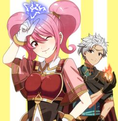  1boy armor bad_id bad_pixiv_id boey_(fire_emblem) breastplate brown_eyes cape circlet dark_skin electricity female fire fire_emblem fire_emblem_echoes:_shadows_of_valentia gloves mae_(fire_emblem) one_eye_closed pink_hair red_eyes takana_(momoti678) twintails upper_body white_hair 