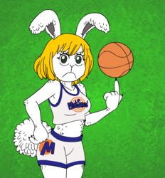  5_fingers anthro ball ball_on_finger basketball_(ball) biped blonde_hair bottomwear breasts carrot_(one_piece) claws clothing dommydraws female fingers frown fur green_background hair hand_on_hip hotpants lagomorph leporid long_ears mammal midriff minkmen_(one_piece) one_piece rabbit shirt short_hair shorts simple_background solo space_jam standing tank_top text text_on_bottomwear text_on_clothing text_on_hotpants text_on_shirt text_on_shorts text_on_topwear topwear tune_squad_outfit tune_squad_outfit_(1996) warner_brothers white_body white_fur 