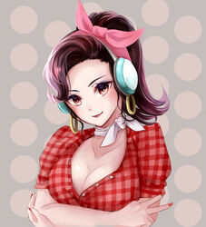  bad_id bad_pixiv_id breast_hold breasts brown_eyes brown_hair choker cleavage collarbone crossed_arms cruiser_d.va d.va_(overwatch) earrings female fingernails grey_background head_scarf head_tilt headphones hoop_earrings jewelry light_smile long_fingernails looking_at_viewer medium_breasts miya_(zawarudo) nail_polish official_alternate_costume overwatch overwatch_1 photoshop_(medium) pink_ribbon plaid plaid_shirt polka_dot polka_dot_background ponytail red_nails red_shirt ribbon shirt short_sleeves solo swept_bangs unbuttoned unbuttoned_shirt upper_body white_choker 