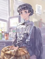  bad_id bad_twitter_id black_eyes black_hair black_skirt blanket blunt_bangs bottle breasts calendar_(object) commentary cropped_legs cup_ramen female hair_bun hair_ornament hairclip highres indoors jacket kantai_collection long_hair looking_at_viewer medium_breasts monitor myoukou_(kancolle) nissin_chicken_ramen office_lady plaid_blanket shirt single_hair_bun sitting skirt smile solo suzumaru unworn_jacket white_shirt 