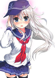  blue_eyes commentary_request female grey_hair hair_ornament hat hibiki_(kancolle) honjou_masato kantai_collection long_hair photoshop_(medium) school_uniform serafuku skirt solo 