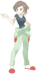  brown_hair collarbone female fletchling hair_ornament hairclip hips legs mother_(pokemon) nintendo pokemon pokemon_(game) pokemon_xy saki_(pokemon) sandals shirt short_hair smile souji 