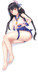  anette_(pso2) ass bad_id bad_pixiv_id bare_arms bare_legs bare_shoulders barefoot beret black_hair blue_one-piece_swimsuit blue_sailor_collar blush braid breasts covered_navel crop_top female full_body hair_ornament hat heart heart_hands highres long_hair looking_at_viewer low_twintails lying mini_hat neckerchief on_side one-piece_swimsuit parted_lips phantasy_star phantasy_star_online_2 pointy_ears red_eyes sailor_collar shadow shirt sidelocks simple_background sleeveless sleeveless_shirt small_breasts solo swimsuit thigh_strap thighs twin_braids twintails white_background white_hat white_shirt wrist_cuffs yellow_neckerchief yuano 