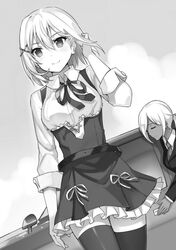  2girls braid cloud formal greyscale hair_ornament hand_in_own_hair imageboard_desourced kudou_ayato last_embryo momoko_(momopoco) mondaiji-tachi_ga_isekai_kara_kuru_sou_desu_yo? monochrome multiple_girls non-web_source novel_illustration official_art short_hair skirt sky suit thighhighs 