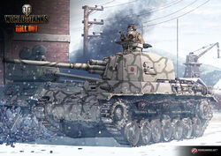  1boy building caterpillar_tracks cloud commentary earasensha english_commentary highres imperial_japanese_army military military_vehicle motor_vehicle photoshop_(medium) sky snow snowing t-34 t-34-85 tank type_4_chi-to wargaming_japan world_of_tanks 