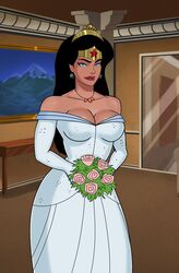  1girls big_breasts black_hair blue_eyes bouquet breasts bride crown dc dc_comics dcau edit female female_only lovekraut smile solo sunsetriders7 tiara wedding_dress white_dress wonder_woman wonder_woman_(series) 