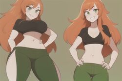  1girls aged_up ai_generated arms_behind_back arms_on_thighs athletic_female belly_button cheerful clothed clothed_female disney disney_channel exposed_navel female fit_female ginger_hair green_eyes happy happy_female kim_possible kimberly_ann_possible long_hair looking_at_viewer medium_breasts navel onlyfakes.ai orange_hair pooplool red_hair redhead sfw shirt slight_blush small_breasts smile smiling smiling_at_viewer solo tagme thick_thighs thin_female trousers 