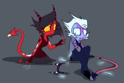  angel angel_humanoid black_hair blood blue_body blue_hair blue_skin bodily_fluids bodypaint colored crossed_arms demon demon_humanoid duo emositecc face_paint fake_horns fake_tail feathers female frown hair hellaverse helluva_boss hooves horn humanoid imp kneeling male millie_(helluva_boss) moxxie_(helluva_boss) red_body red_skin simple_background sitting spade_tail tail transformation unguligrade yellow_eyes 