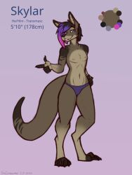  2026 3:4 anthro black_hair brown_body brown_fur clothed clothing dansharkman digital_drawing_(artwork) digital_media_(artwork) digitigrade english_description english_text fur gesture grey_eyes hair hand_gesture hand_on_hip hi_res humanoid_hands kangaroo looking_at_viewer macropod male mammal marsupial mastectomy_scar model_sheet navel nipples panties pantsless_anthro pantsless_male pointing purple_hair_tips scar skylar_(dansharkman) solo standing text topless topless_anthro topless_male trans_(lore) trans_man_(lore) underwear 