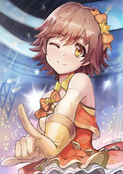  ;) brown_eyes brown_hair commentary_request costume female gloves glowstick honda_mio idol idolmaster idolmaster_cinderella_girls meto31 one_eye_closed photoshop_(medium) short_hair smile solo stage_of_magic_(idolmaster) star_(symbol) 