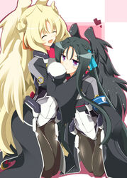  2girls :d ^_^ between_breasts black_hair black_legwear black_wings blonde_hair blush bodysuit breasts closed_eyes commentary_request couple fingerless_gloves flat_chest gloves head_between_breasts heart kyoukaisenjou_no_horizon large_breasts long_hair malga_naruze margot_knight mellow multiple_girls open_mouth pantyhose purple_eyes smile wings yuri 