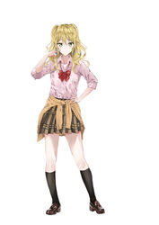  absurdres aihara_academy_school_uniform aihara_yuzu black_socks blonde_hair blush bow bowtie brown_footwear brown_skirt brown_sweater citrus_(saburouta) clothes_around_waist commentary_request dress_shirt female fujisaki_ribbon full_body green_eyes hair_between_eyes hand_on_own_hip highres kneehighs loafers long_hair looking_at_viewer miniskirt pink_shirt pleated_skirt red_bow red_bowtie school_uniform shirt shoes simple_background skirt smile socks solo standing sweater sweater_around_waist twintails uniform v white_background 