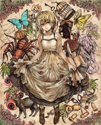  2girls birdcage black_cat blonde_hair book boots bouquet braid bug butterfly cage commentary_request doll_joints dress ellen_(majo_no_ie) eyeball feline flower frog green_eyes joints key knife majo_no_ie multiple_girls pumpkin purple_hair san_(pixiv1002893) scissors silk skirt_hold skull spider spider_web stuffed_animal stuffed_toy teddy_bear twin_braids viola_(majo_no_ie) 