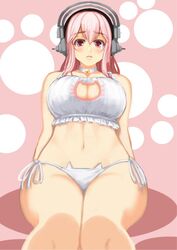  bell blush bra breasts cat_cutout cat_ear_panties cat_lingerie choker cleavage cleavage_cutout clothing_cutout collar commentary_request curvy deni_m female frilled_bra frills headphones jingle_bell large_breasts long_hair looking_at_viewer meme_attire navel neck_bell nitroplus panties pink_eyes pink_hair side-tie_panties solo stomach super_sonico underwear underwear_only white_bra 