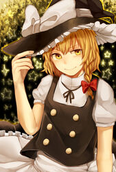  absurdres bad_id bad_pixiv_id blonde_hair braid commentary_request female hat highres kirisame_marisa penguu_(green528) ribbon short_hair smile star_(symbol) touhou witch_hat yellow_eyes 