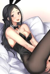  :d animal_ears bad_id bad_twitter_id black_hair bow bowtie brown_eyes covering_crotch covering_privates detached_collar female fishnet_pantyhose fishnets long_hair mole mole_under_eye oerba_yun_fang open_mouth original pantyhose playboy_bunny rabbit_ears rabbit_tail smile solo tail tsukino_wagamo wrist_cuffs 