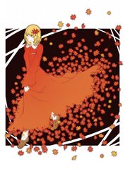  aki_shizuha autumn bad_id bad_pixiv_id blonde_hair closed_eyes doseisan_(dosei-san) dress female hair_ornament leaf long_dress maple_leaf short_hair skirt solo touhou walking 