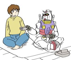  1boy amuro_ray barefoot blue_pants brown_hair butterfly_sitting commentary_request controller denim game_cartridge game_console game_controller gundam holding holding_controller indian_style jeans long_sleeves male_focus mecha mobile_suit_gundam on_ground pants robot rx-78-2 shirt short_hair sitting sweatdrop turtleneck weapon weapon_on_back yellow_shirt yoshino_norihito 