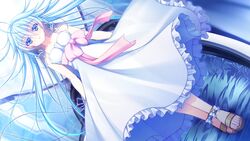  16:9 asami_asami azurite blue_eyes blue_hair collarbone dress female female game_cg long_hair re:birth_colony sandals solo 