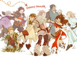  absurdres alfyn_greengrass armor blonde_hair bracelet braid braided_ponytail brown_hair cloak commentary_request cyrus_albright dancer dress fringe_trim gloves h&#039;aanit_(octopath_traveler) hahahashagi hat highres jewelry linde_(octopath_traveler) long_hair multiple_boys multiple_girls necklace octopath_traveler octopath_traveler_i olberic_eisenberg open_mouth ophilia_clement ponytail primrose_azelhart short_hair simple_background single_braid smile snow_leopard therion_(octopath_traveler) tressa_colzione 