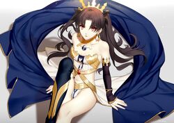  arm_support arm_warmers asymmetrical_legwear black_hair black_ribbon black_thighhighs breasts cleavage collarbone commentary_request detached_sleeves earrings fate/grand_order fate_(series) female grey_background hair_ornament hair_ribbon inanome_me ishtar_(fate) jewelry long_hair long_legs looking_at_viewer midriff navel parted_lips red_eyes ribbon signature single_arm_warmer sitting small_breasts solo stomach strapless thighhighs two_side_up uneven_legwear very_long_hair 