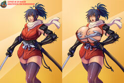  blue_hair breast_expansion breasts huge_breasts manyuu_chifusa manyuu_hikenchou ponytail yellow_eyes 