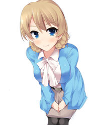  bad_id bad_pixiv_id belt black_pantyhose blonde_hair blue_eyes blue_jacket blush bow bowtie braid brown_skirt cardigan commentary cosplay darjeeling_(girls_und_panzer) dress_shirt ellen_baker ellen_baker_(cosplay) female girls_und_panzer hands_on_own_thighs highres jacket leaning_forward looking_at_viewer miniskirt new_horizon nksk pantyhose pencil_skirt shirt short_hair skirt smile solo standing teacher twin_braids white_background white_shirt 