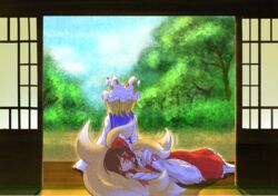  2girls blonde_hair bow commentary_request detached_sleeves fox_tail hair_tubes hairbow hakurei_reimu highres ketama_(mokoneko) large_bow lying multiple_girls multiple_tails on_side short_hair sleeping tail tail_pillow touhou yakumo_ran 