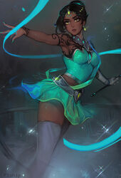  absurdres aqua_nails armpits artist_name bare_shoulders black_hair breasts commentary crop_top dark-skinned_female dark_skin earrings female figure_skater_symmetra figure_skating gloves green_skirt hair_bun highres jewelry looking_away matilda_fiship medium_breasts nail_polish no_headgear official_alternate_costume outstretched_arm overwatch overwatch_1 parted_lips short_hair single_glove single_hair_bun skirt solo sparkle symmetra_(overwatch) tattoo thighhighs wand white_gloves white_thighhighs yellow_eyes 