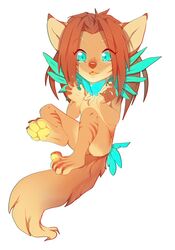  4_toes 5_fingers anthro blue_eyes canid canine chibi digitigrade feet fingers fur hi_res mammal nude open_mouth orange_body orange_eyes orange_fur orange_tongue pawpads rikitoka simple_background smile solo teeth toes tongue white_background yellow_pawpads 