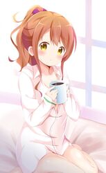  :o bed_sheet blush breasts coffee coffee_mug collared_shirt commentary_request cup eromanga_sensei female highres jinno_megumi looking_at_viewer mug nagomi_yayado on_bed open_mouth orange_hair ponytail scrunchie seiza shirt sitting small_breasts solo sweatdrop unbuttoned unbuttoned_shirt window yellow_eyes 