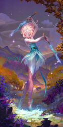  adapted_costume artist_name athletic_leotard ballerina ballet ballet_dress ballet_slippers cassio_yoshiyaki character_name circlet closed_eyes commentary dagger dual_wielding en_pointe female flower forehead_jewel highres holding knife leotard pale_skin pantyhose pearl_(steven_universe) petals photoshop_(medium) pink_hair plant ribbon skirt smile solo steven_universe tiptoes tree weapon 