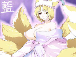  :&lt; blonde_hair breasts cleavage commentary_request cosplay female fox_tail large_breasts omachi omachi_(cosplay) rance_(series) sengoku_rance shirosato solo tail touhou yakumo_ran 