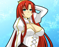  aqua_eyes boudica_(fate) breasts cleavage commentary_request crown fate/grand_order fate_(series) female juliet_sleeves large_breasts long_hair long_sleeves looking_at_viewer matsudora124 puffy_sleeves red_hair smile solo 