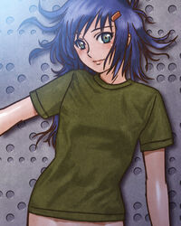  absurdres blue_eyes blue_hair commentary_request expressionless female green_eyes green_shirt hair_ornament hairclip highres lips long_hair looking_at_viewer lying maruyama_musashi messy_hair midriff multicolored_eyes naked_shirt on_back original photoshop_(medium) shirt sign solo t-shirt 