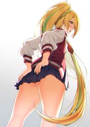  alternate_skirt_length ass blonde_hair blush commentary_request covering_ass covering_privates female from_below hair_over_one_eye high_ponytail highres itohana jacket legs letterman_jacket light_green_hair long_hair looking_at_viewer multicolored_hair nikaidou_saki open_mouth orange_hair pleated_skirt ponytail red_eyes red_jacket skirt solo streaked_hair sweatdrop very_long_hair zombie_land_saga 