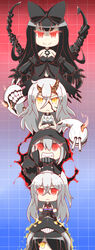  &gt;:) 5girls :&lt; :d absurdres abyssal_ship black_dress black_hair bow breasts chibi claws cleavage closed_mouth collar colored_skin commentary_request destroyer_water_oni detached_sleeves dress feiton glowing glowing_eyes grey_hair grin hair_ribbon hairbow headgear heavy_cruiser_princess highres horns kantai_collection looking_at_viewer medium_breasts multiple_girls multiple_tails one_side_up open_mouth pale_skin re-class_battleship red_eyes ribbon seaplane_tender_princess smile so-class_submarine tail v-shaped_eyebrows white_hair white_skin yellow_eyes 