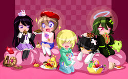  4girls a_(nostalgic) androgynous answered_prayers bandaid bean_bag_chair beret black_hair blonde_hair blue_eyes blush_stickers broken_egg brown_hair cameo candy celestia_(my_little_pony) character_request commentary cookie copyright_request drawing dreamarbleng egg fluorette food food_on_head fruit gaida glitter green_hair halo hat highres ice_cream ice_cream_cone irotsuki kamitsuki_(yume_shousen_mousou) kneeling lying multiple_girls my_little_pony nostalgic object_on_head on_stomach pink_eyes rabbit seiza sitting sleeves_past_wrists sometsuki tears ultra_violet_(game) yellow_eyes yume_shousen_mousou 