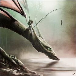  ambiguous_gender claws cloud detailed_background dragon drinking duo_focus feral fish fish_in_midair fishing fishing_rod fog forest green_eyes group holding_object horn human lake mammal marine membrane_(anatomy) membranous_wings mythological_creature mythological_scalie mythology outside plant riding scalie scenery size_difference sky smaller_on_top straddling tree trio water wildlifehoodoo wings wood young 