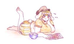  animal_ears barefoot blush bowl breasts bunny_ears bunny_tail cabbie_hat dango eating fat fat_folds female floppy_ears food hat large_breasts lying magazine mg_mg on_stomach orz_(kagewaka) plump reading ringo_(touhou) shirt shorts soles solo tail thick_eyebrows touhou wagashi 