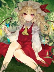  arm_at_side ascot blonde_hair blurry blush bobby_socks bug butterfly butterfly_on_hand commentary_request crystal dappled_sunlight depth_of_field feet_out_of_frame female flandre_scarlet frills grass hat hat_ribbon highres jpeg_artifacts knees_together_feet_apart long_hair long_sleeves looking_at_viewer mob_cap nail_polish on_grass one_side_up parted_lips pointy_ears red_eyes red_nails red_ribbon red_skirt red_vest ribbon shirt sitting skirt skirt_set socks solo sunlight touhou vest white_shirt white_socks wings yellow_ascot youtan 