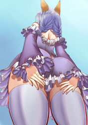  animal_ears arms_behind_back ass bare_shoulders blue_dress blue_hair braid commentary_request covering_ass covering_privates dog_ears dress elin facing_away female from_behind from_below kumehara_chiyota long_hair no_tail panties pantyshot short_dress solo standing tera_online thick_thighs thighhighs thighs twin_braids twintails underwear upskirt white_panties white_thighhighs wide_hips 