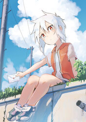  cloud commentary_request converse day denim denim_shorts female from_below grass highres holding hood hood_down hoodie inami_hatoko letter lolicon looking_at_viewer looking_down open_mouth original outdoors outstretched_arm power_lines red_eyes shoes short_hair shorts silver_hair sitting sky sneakers solo utility_pole velcro 