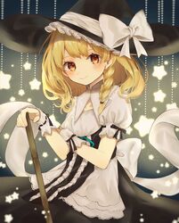  apron back_bow blonde_hair blush bow braid closed_mouth commentary cowboy_shot curiosities_of_lotus_asia female frills hat highres holding jpeg_artifacts kirisame_marisa lace-trimmed_collar lace_trim light_particles long_hair looking_at_viewer orange_eyes puffy_short_sleeves puffy_sleeves ribbon-trimmed_clothes ribbon_trim short_sleeves side_braid smile solo star_(symbol) symbol-only_commentary touhou waist_apron white_bow witch_hat wrist_cuffs youtan 