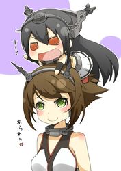  2girls b-man black_hair brown_hair chibi chibi_on_head closed_eyes commentary_request green_eyes hairband headgear heart kantai_collection long_hair looking_up multicolored_background multiple_girls mutsu_(kancolle) nagato_(kancolle) on_head open_mouth parody person_on_head puchimasu! red_eyes red_legwear short_hair simple_background skirt smile style_parody translated 