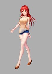  absurdres bad_id bad_pixiv_id bare_legs blue_shorts breasts brown_footwear casual closed_mouth collarbone commentary female full_body grey_background hair_between_eyes highres jai_(whany1998) legs lips long_hair medium_breasts no_shoes off-shoulder_shirt off_shoulder orange_shirt original red_eyes red_hair see-through shiny_skin shirt shoes short_shorts short_sleeves shorts simple_background smile solo standing tareme walking 