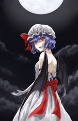  absurdres adapted_costume alternate_costume atkdog back bare_shoulders bat_wings cloud commentary_request dress elbow_gloves fangs female from_behind gloves hat hat_ribbon highres looking_at_viewer looking_back mob_cap moon night night_sky open_mouth red_eyes remilia_scarlet ribbon sash short_hair sky solo strapless strapless_dress touhou white_dress white_gloves wings 