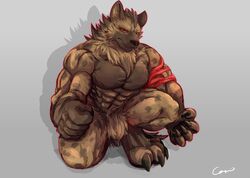  2017 abs anthro biceps fd-caro fur hi_res hyena kemono male mammal muscular muscular_anthro muscular_male nude pecs red_eyes solo spotted_hyena yuetu 